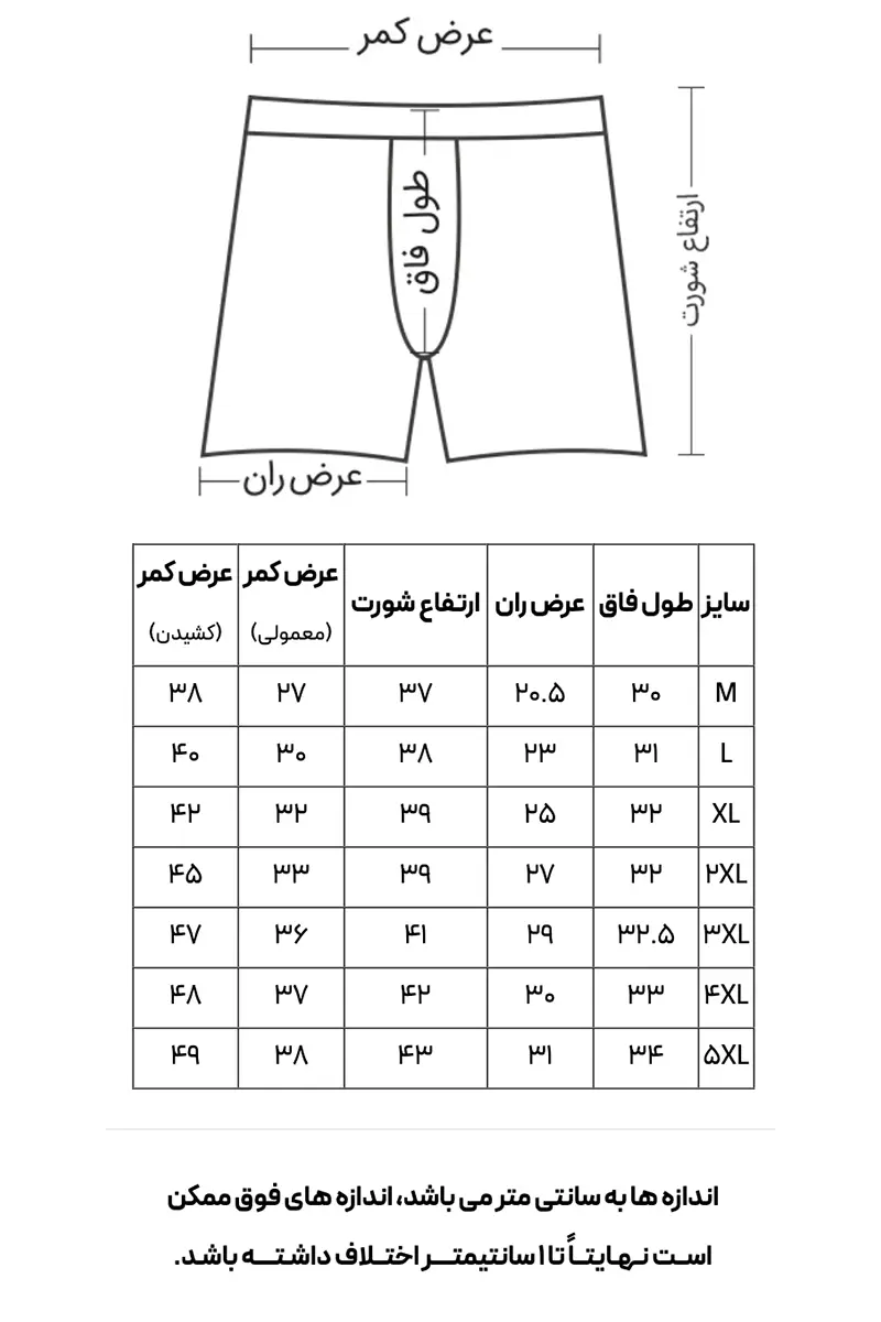 راهنمای سایز شورت پادار مردانه کمرکش لیفه ای رنگی بلکس
