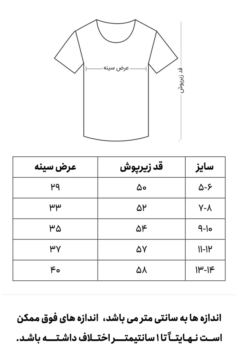 راهنمای سایز زیرپوش پسرانه نیم آستین رنگی ساده نیکوتن پوش